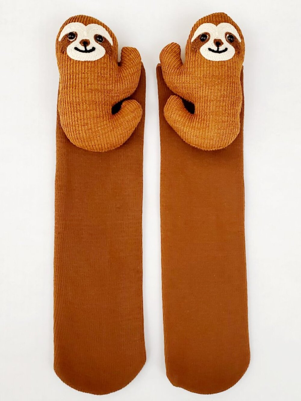 3D SLOTH Knitted Brown Fleece Socks Embroidered Stuffed Plush Boy Girl One Size